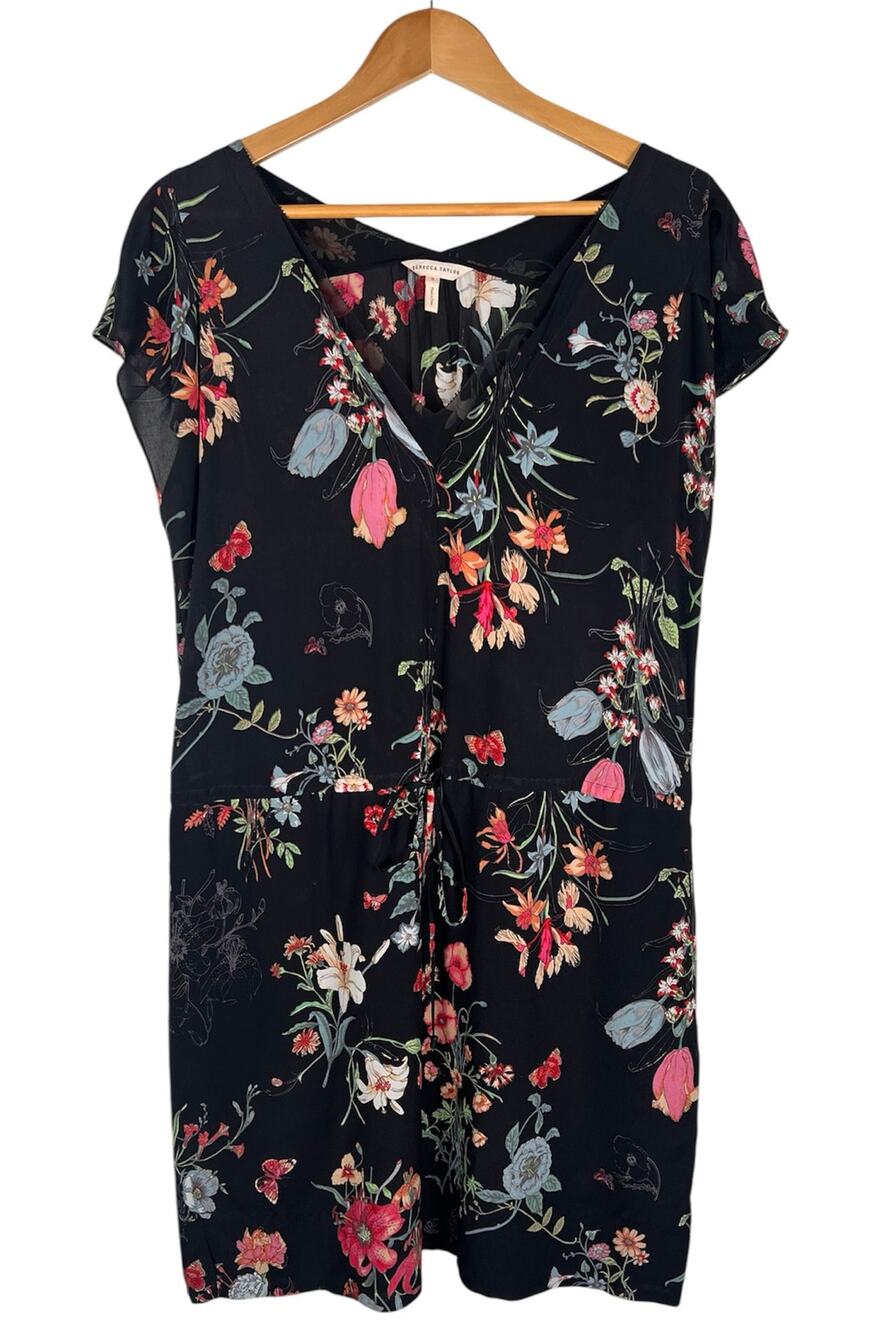 Rebecca Taylor Womens 100% Silk Floral Black Cap Sleeve V Neck Dress size 8